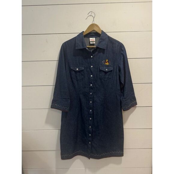 Disney Store Embroidery Pooh Snap Button Down Dress 3/4 Sleeve Denim Medium Wome - Picture 1 of 9